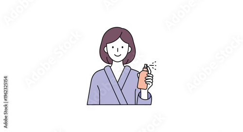 Woman holding skincare spray bottle in minimalist line art style with soft pastel colors on white background for beauty product advertising