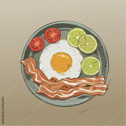 Illustration of a plate with a fried egg, bacon, tomatoes, and lime slices on a beige background.