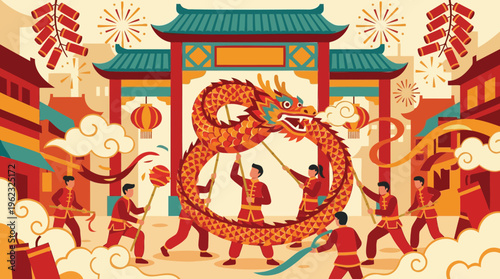 Vibrant Chinese New Year Celebration with Traditional Dragon Dance Parade Amidst Festive Street Decorations, Lanterns, and Firework Displays