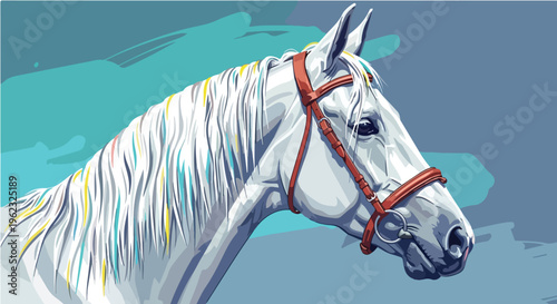 A majestic white horse gallops gracefully across a snowy winter landscape and along the edge of a serene beach