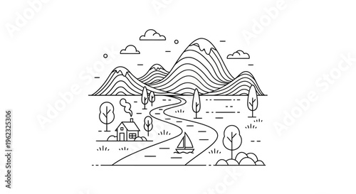 Black and white line drawing mountains.