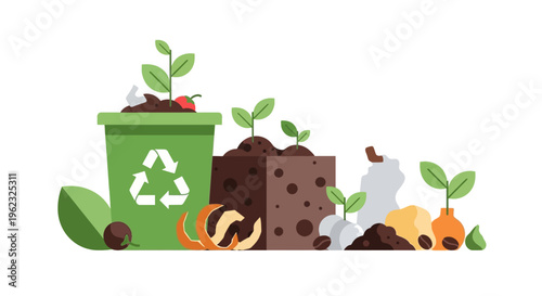 Composting Organic Waste: Sustainable Living, Food Scraps Recycling for Healthy Soil & Plant Growth Illustration