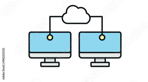 Cloud computing and network connection icon. Vector illustration of two desktop computers synchronized with a cloud server in soft colors. Concept for data storage, remote work, and local area network