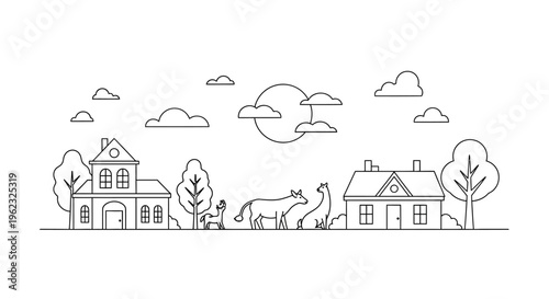 Horses and Person in Rural Setting.