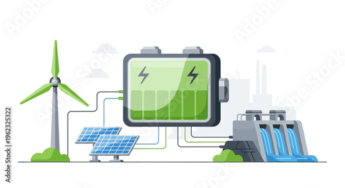Green Energy Generation and Storage: Wind, Solar, and Hydro Power Concept with Battery System. Sustainable Electricity Grid.