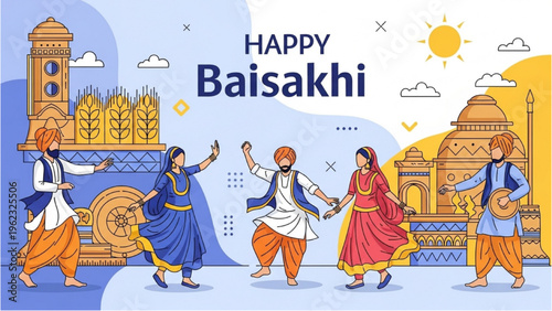 People celebrate Baisakhi with traditional dance in India outdoors