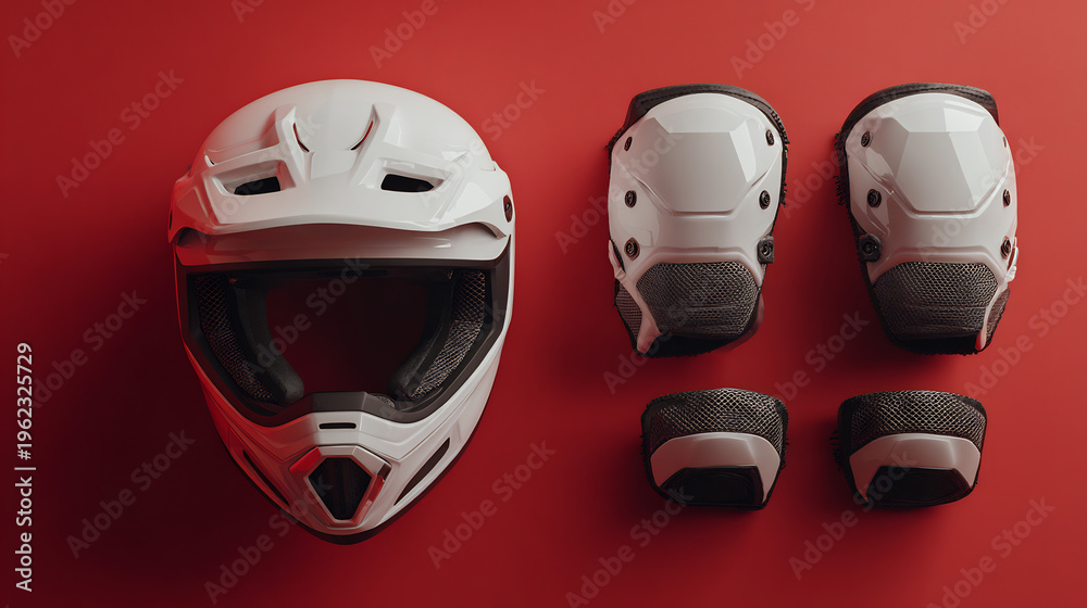 Fototapeta premium White Motocross Helmet and Protective Pads for Extreme Sports on Red Background