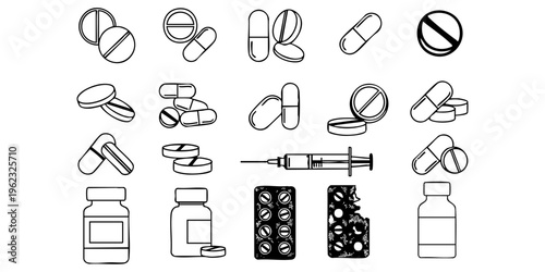 Medical illustration of various pills and capsules with bottles and a syringe.