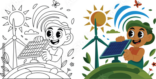 A cartoon boy holding a solar panel in a sunny landscape with wind turbines and green hills nearby smiling