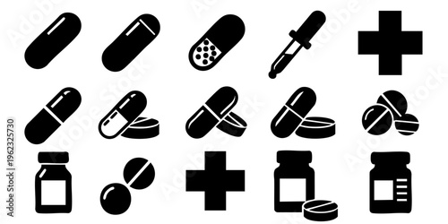 Medical icons display various pills, capsules, and bottles with a cross symbol.