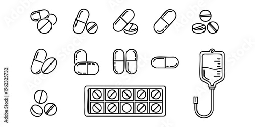 Medical illustration shows various pills and an IV bag with a blister pack.