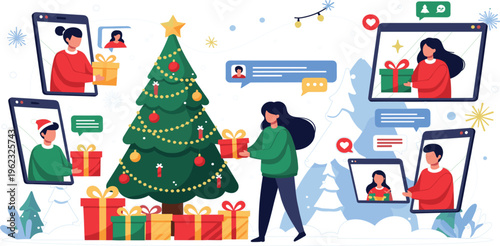 Virtual Christmas Celebration Illustration with Online Gift Exchange, Video Calls, Holiday Tree Decoration and Remote Festive Communication Concept