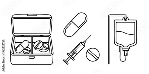 Medical supplies including pills and a syringe in a case nearby