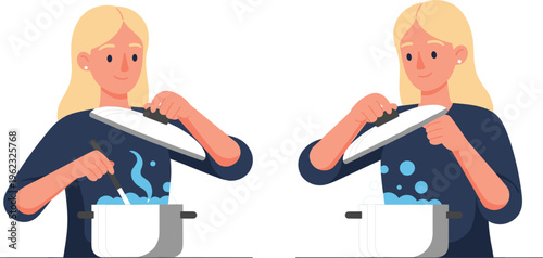 Woman Cooking in Kitchen Illustration with Boiling Pot, Stirring Food, Home Cooking Activity and Meal Preparation Concept for Daily Lifestyle Design