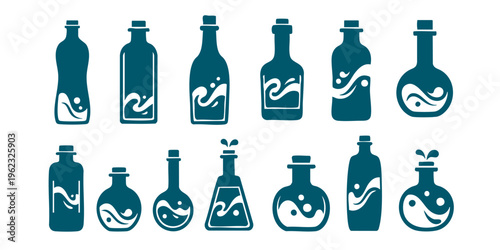 The illustration depicts various laboratory bottles and flasks with swirling liquids inside on a table.