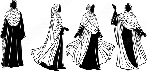 Elegant muslim woman silhouette set wearing abaya and hijab in different poses isolated on white background modest fashion cultural style concept