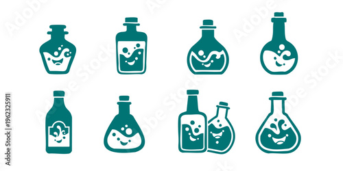 A collection of various laboratory flasks and bottles with smiling faces are arranged neatly.