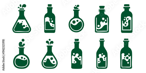 Chemical laboratory equipment with various science flasks and bottles on a table