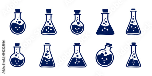 Eight dark blue laboratory flasks filled with bubbling liquids on a white background for science and chemistry experiments.