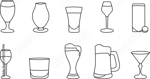 Cocktail and Beverage Drink Glass Silhouette Line Icon Vector Set, cocktail icon, beverage icon, drink icon
