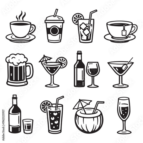 Monochrome Drink Line Art Icon Set – Minimal Beverage Vector Collection