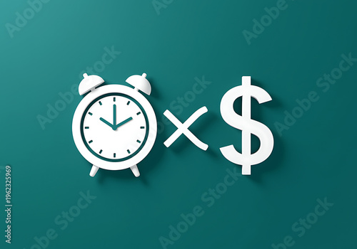 Alarm clock and dollar sign with multiplication symbol on teal background