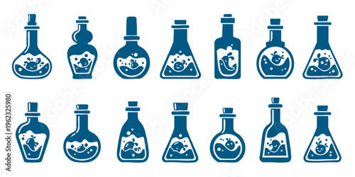 Various laboratory equipment bottles with chemicals on a white background