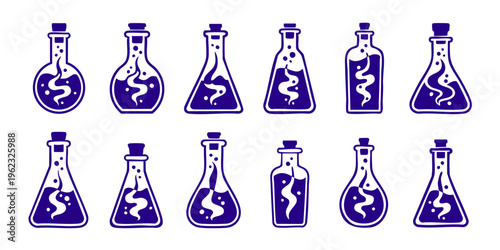 Beakers filled with glowing liquids are arranged on a laboratory table indoors.