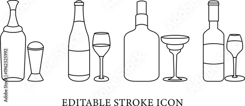 Drink Glass and Bottle Icon in Black Silhouette Style for Web Design, drink icon, beverage icon
