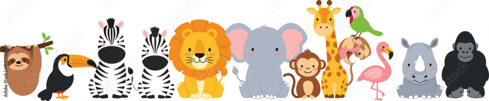 Fototapeta premium Adorable hand-drawn safari animal vector collection including sloth, toucan, zebra, lion, elephant, monkey, giraffe, flamingo, rhino, parrot, and gorilla, perfect for kids and educational designs