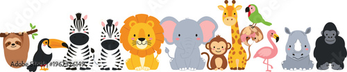 Adorable hand-drawn safari animal vector collection including sloth, toucan, zebra, lion, elephant, monkey, giraffe, flamingo, rhino, parrot, and gorilla, perfect for kids and educational designs