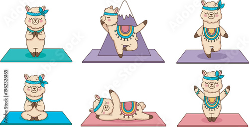Yoga alpaca character set featuring cad drawing flat vector illustration of cute llama animals practicing different poses on mats with mountain peak background.