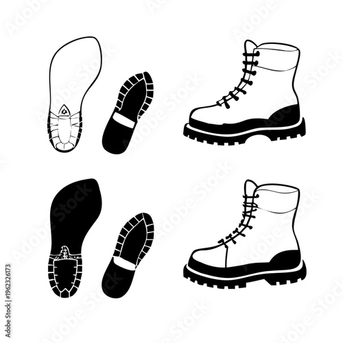 Black and white illustration of boots and soles