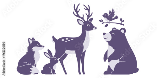 Animals gather in a serene natural setting with deer, bear, and small creatures.