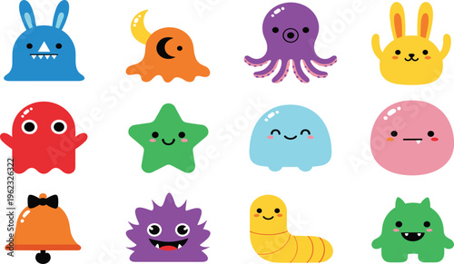 Cute Kawaii Cartoon Monster and Animal Icon Set with Colorful Funny Creatures for Kids Design, Stickers, Mascot Illustration, and Playful Flat Vector Collection.