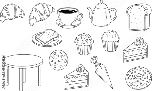 Illustration of assorted baked goods and table setting