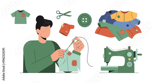 Sustainable Fashion & DIY Clothing Repair: Person Hand Mending Garments with Patches, Sewing Machine, and Upcycling Concept Illustration