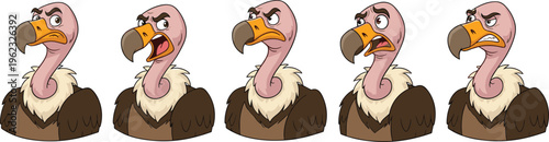 Cartoon vulture character vector set showing multiple angry and surprised facial expressions, hand-drawn wildlife illustration, expressive bird emotions for comics, animation, and educational content