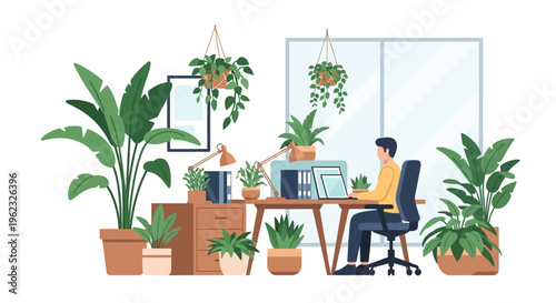Productive Remote Work in Green Home Office. Man on Laptop Surrounded by Lush Houseplants, Biophilic Design & Natural Light. Modern Flat Illustration.