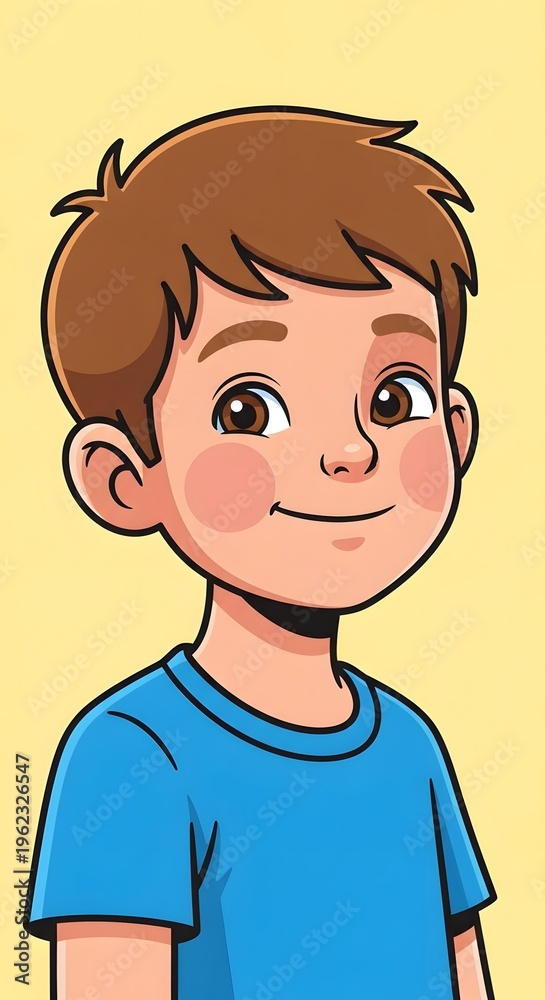 Obraz premium A cheerful young boy with brown hair and a blue t-shirt, smiling warmly and looking directly at the viewer, exuding friendliness and innocence