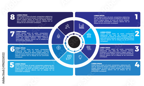 Collection of vector circle chart infographic templates for presentations, advertising, layouts, annual reports. 8 options, steps, parts	