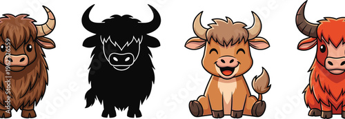 Cute Highland Cow Cartoon Character Set with Silhouette and Color Variations Adorable Farm Animal Mascot Vector Collection for Kids Illustration Design