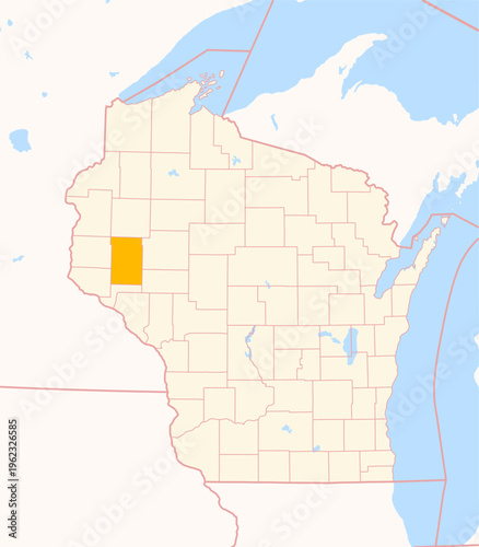 Map of the County Dunn (Wisconsin, US) showing the Federal State with the highlighted County