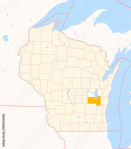 Map of the County Fond du Lac (Wisconsin, US) showing the Federal State with the highlighted County