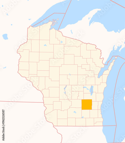 Map of the County Dodge (Wisconsin, US) showing the Federal State with the highlighted County