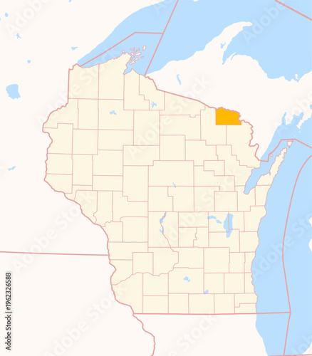 Map of the County Florence (Wisconsin, US) showing the Federal State with the highlighted County