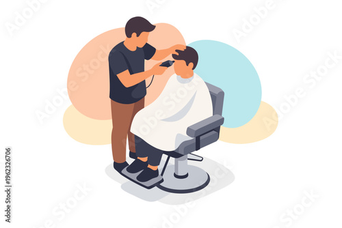 Barber cutting hair of a client in a salon chair.