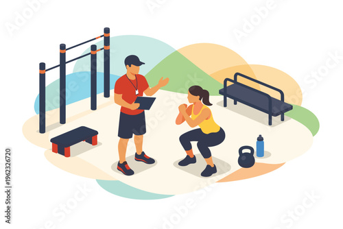 Fitness trainer instructing woman during outdoor workout session.