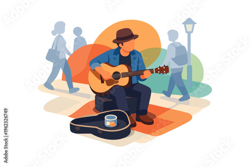 Street musician playing guitar for passersby in a city park.