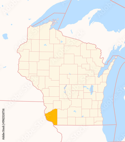Map of the County Grant (Wisconsin, US) showing the Federal State with the highlighted County